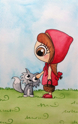 Ilustración en acuarela del cuento clásico de Caperucita roja en la que aparece ella en actitud amistosa con el lobo bebe. Por Leire González.
