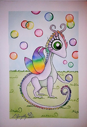 Ilustración en acuarela de un dragón echando pompas de colores por la boca. Por Leire González.