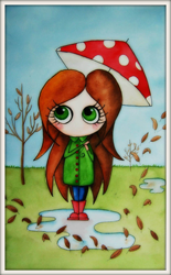 Ilustración en acuarela de una niña con paraguas bajo la lluvia y árboles sin hojas de fondo representando el otoño. Por Leire González.