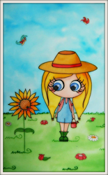 Ilustración en acuarela de una niña vestida de granjera al lado de un girasol representando la primavera. Por Leire González.