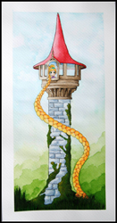 Ilustración en acuarela del cuento de Rapuncel, en la que la niña está en la torre con su trenza saliendo por la ventana hasta el suelo. Por Leire González.
