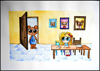 Ilustración en acuarela del cuento Ricitos de oro en la que la niña está comiendo sopa y el osito pequeño entra por la puerta. Por Leire González. 