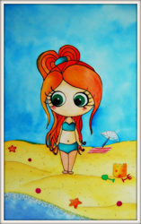 Ilustración en acuarela de una niña en la playa con el agua a los pies representando el verano. Por Leire González.