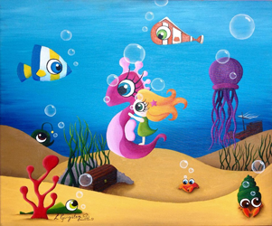 Miniatura de la ilustración en óleo de una ñina viajando sobre un caballito de mar en el fondo del mar rodeados de peces y otras especies marinas, al fondo un tesoro y un barco hundido. Por Leire González.