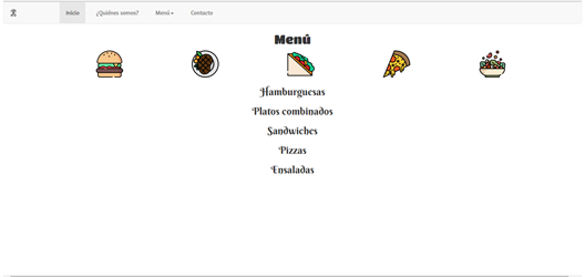 Captura de pantalla de la página web del restaurante ficticio El patio. En ella se muestra la cabecera del menú y el menú en su estado de inicio (sin desplegar). Diseñado por Leire González.