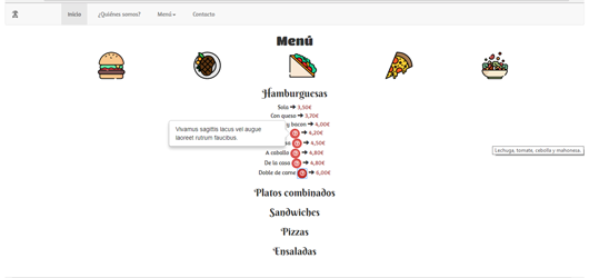 Miniatura de la captura de pantalla de la página web del restaurante ficticio El patio. En ella se muestra partes del menú desplegado y un mensaje que se despliega a modo de bocadillo con los ingredientes del plato selecctionado. Diseñado por Leire González.