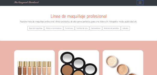 Captura de pantalla de la página web de la empresa ficticia The Margaret Cleveland, que se dedica a la venta de maquillaje. En ella se muestra la cabecera del proyecto. Diseñado por Conchi Díaz y Leire González.